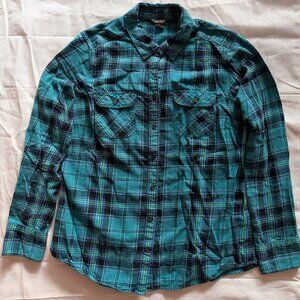 Eddie Bauer Teal & Black Plaid Flannel Shirt (medium)